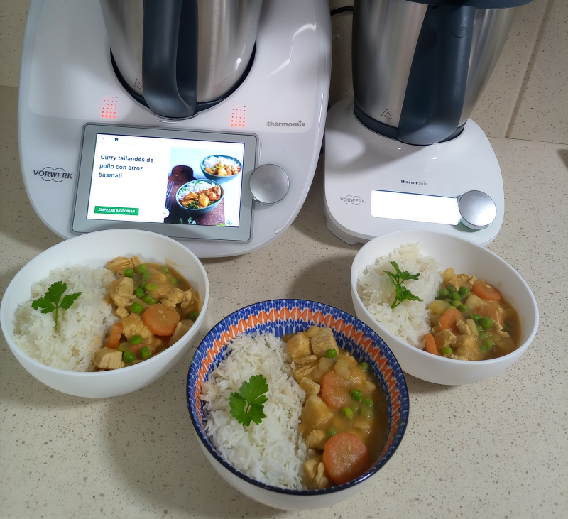 Curry tailandés de pollo con arroz basmati y postre al vapor: minibizcoflán