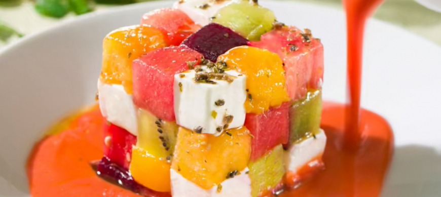 Salmorejo de sandía con cubo de Rubik