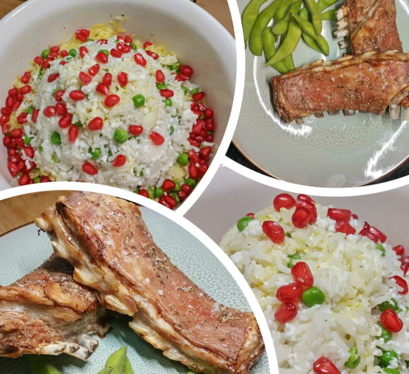 Menu completo: arroz persa con guisantes, granada y costillar de cordero