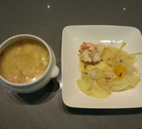 MENU_Sopa de Pollo y Pescado con Gambón, patatas y salsa de naranja