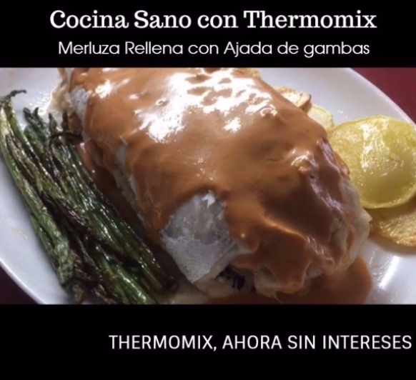 Merluza Rellena con Ajada de Gambas con Thermomix. Cocina Guiada. Cook-key 49€. Thermomix sin intereses