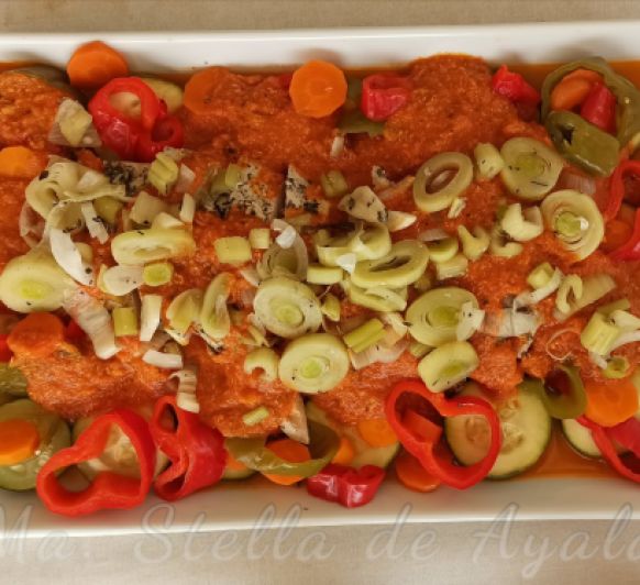 Solomillos de Pavo con cebolla, puerros, guarnición de verduras y salsa de tomate al estilo italiano
